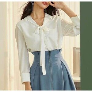 White Lined Inner Fleece Chiffon Blouse, Womens Size S